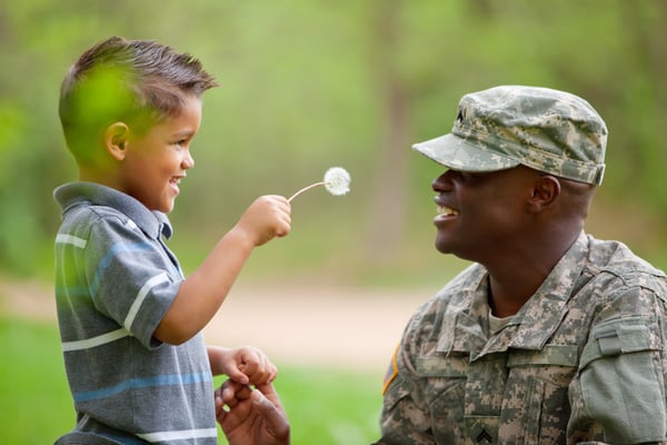 American soldier outdoors with his son enjoying the present