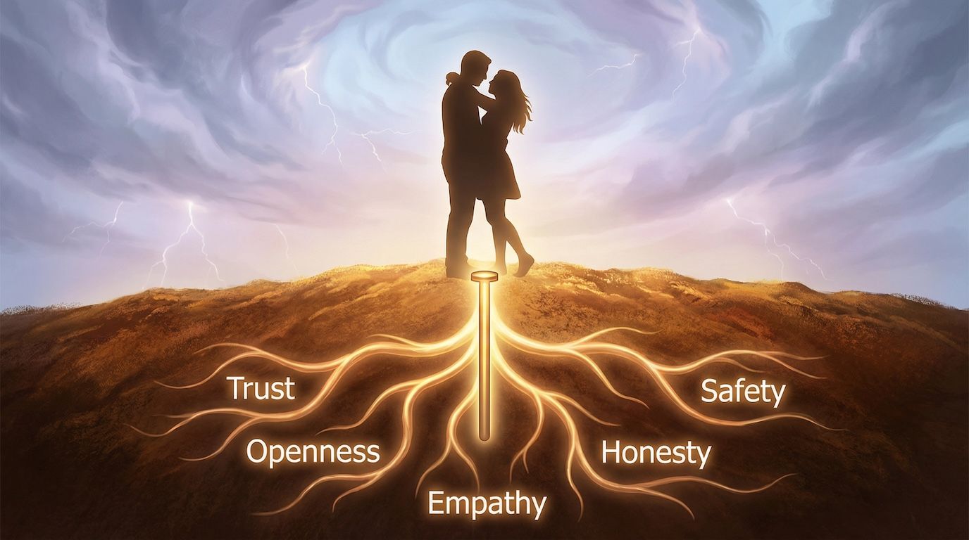 A couples grounding through safety, trust, openness, empathy, and honesty.