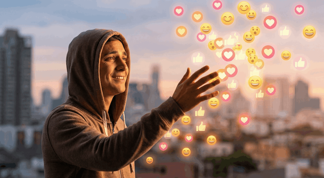 A young man reaching out to hearts and smiley faces as addiction to people-pleasing and  being liked SM_Compressed