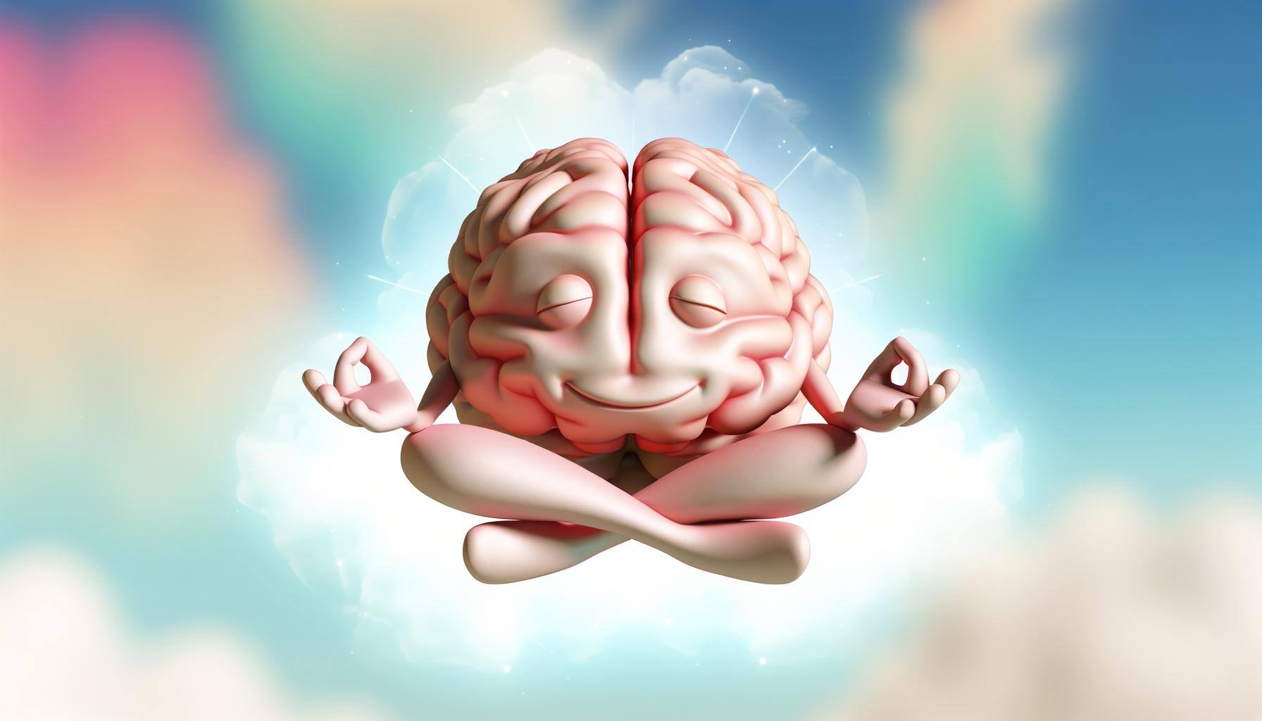A colorful illustration of a brain sitting in lotus position as a representation of the brain with mindfulness..