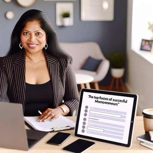 An Asian Mompreneur in her office with computer showing Heartmanity's downloadable.