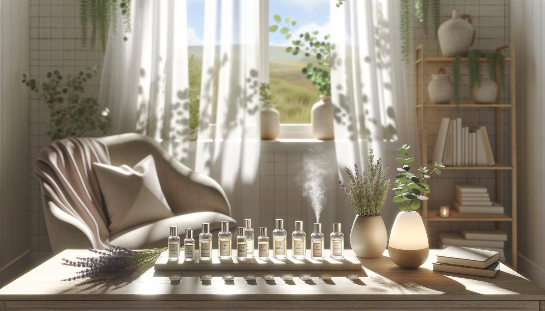 Essential oils sitting on a table in sunlit room.