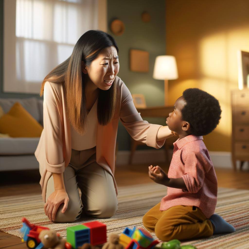 A concerned Asian woman chastising her preschool son.