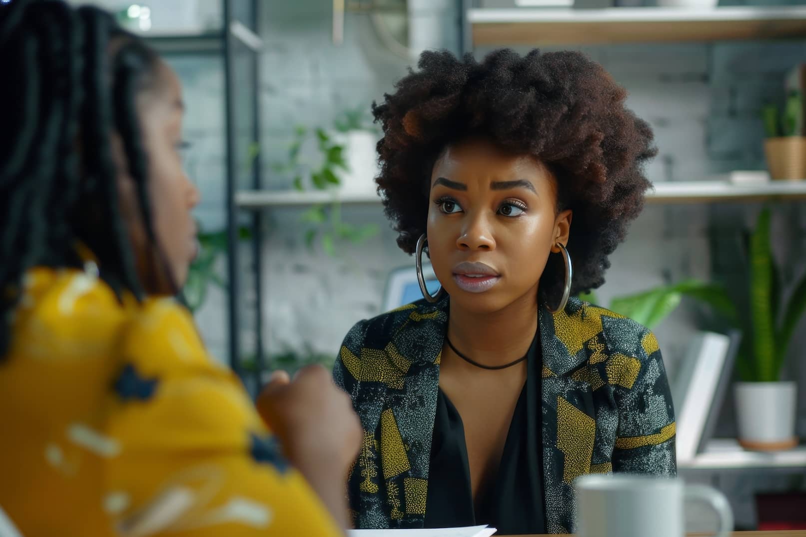 African American business apprentice engaging in a meeting with her mentor in the office.