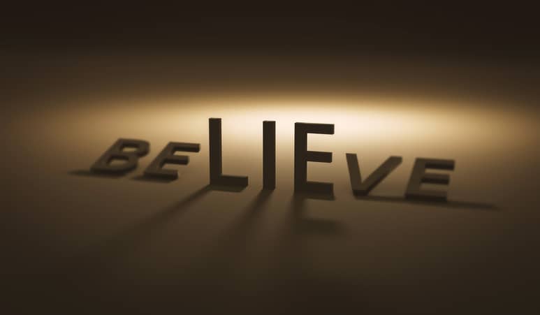 Believe concept with LIE highlighted at the center of the word believe.
