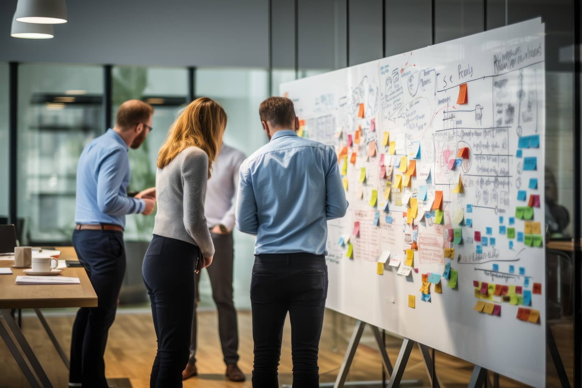 A business team collaborating and problem solving with a large white board with post-its and writing.