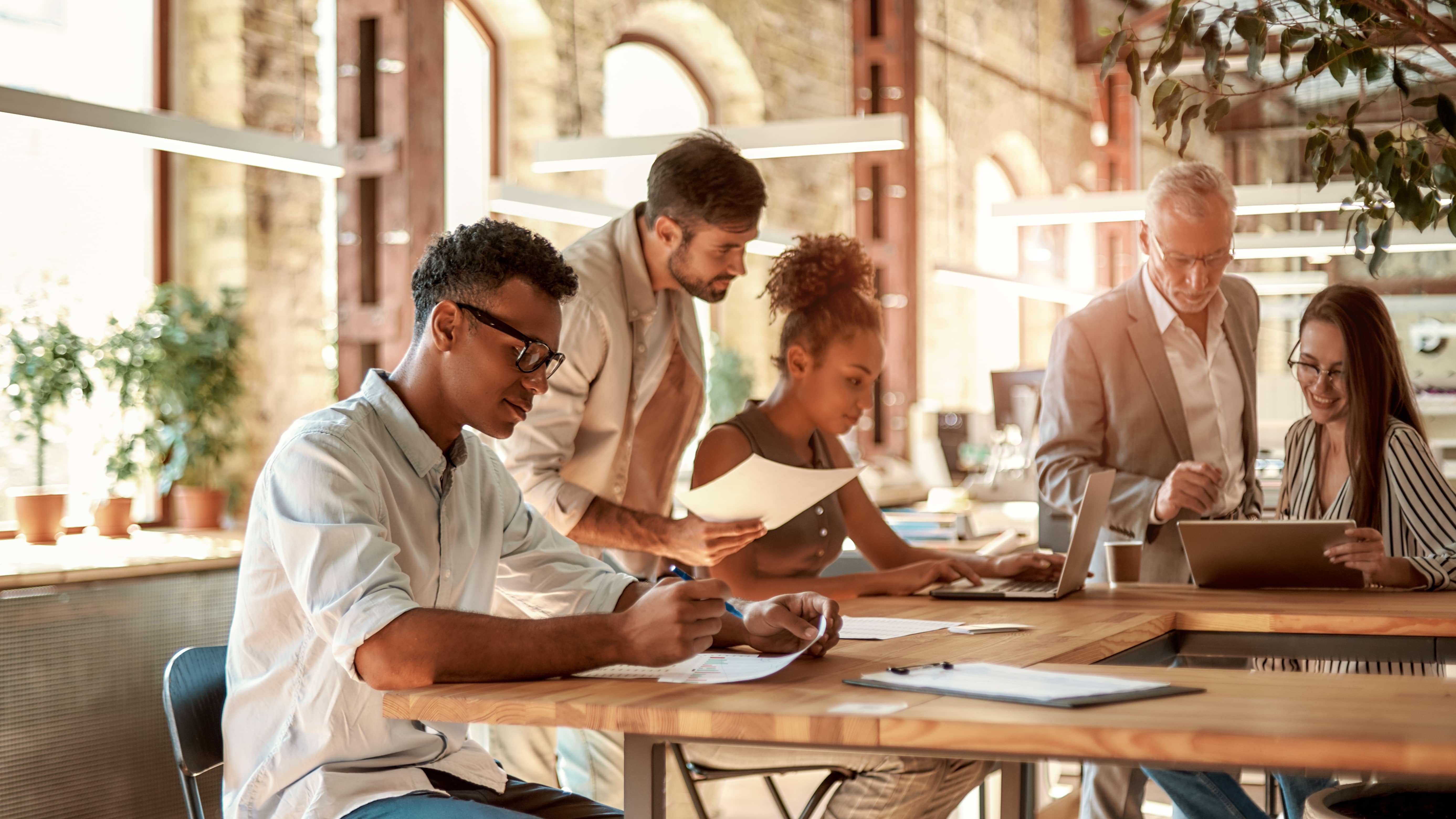 A team collaborating in a modern office.