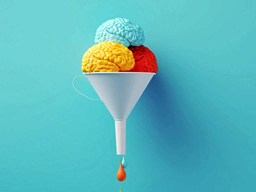 Colorful brains in the top of a white funnel.