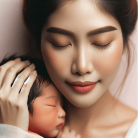 Asian mother tenderly holding her newborn on her shoulder.