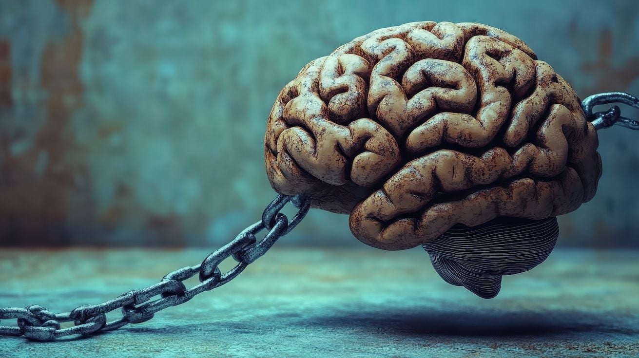 A chain attached to a brain representing unconscious limiting beliefs.