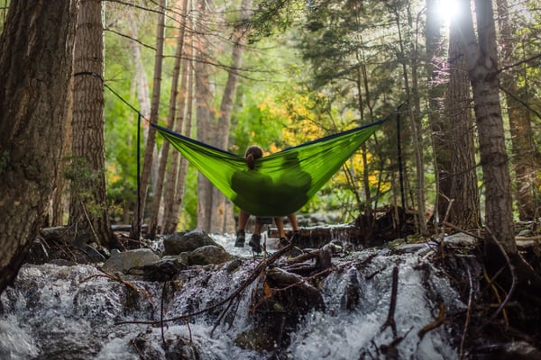 A couple cuddling in a hammock in the Spring