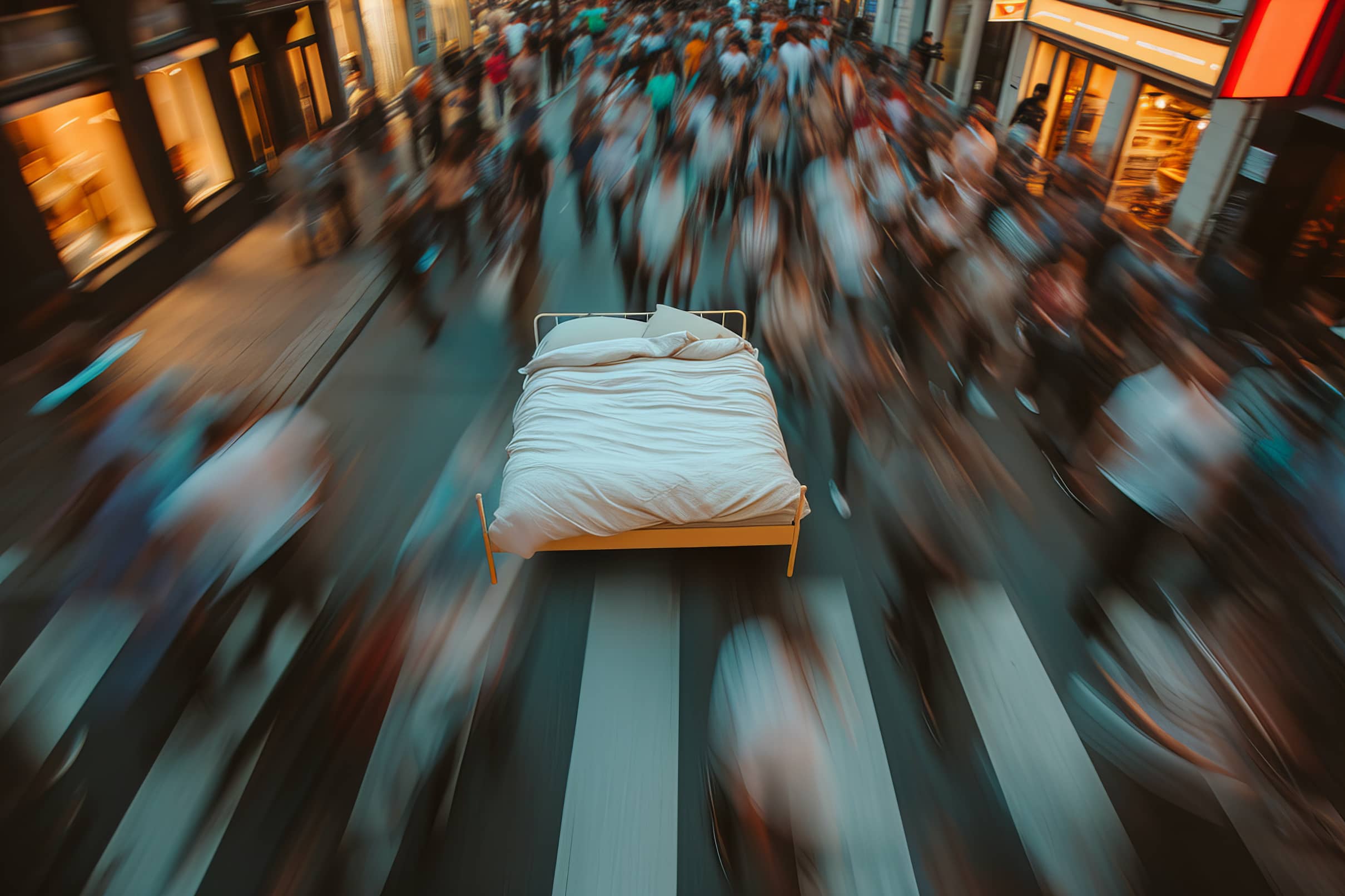 Cozy bed standing in the middle of a crowded street to represent insomnia.