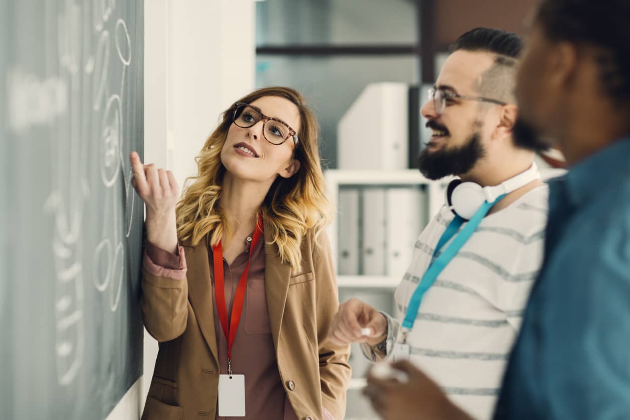 A company team brainstorming on a chalkboard with a growth mindset