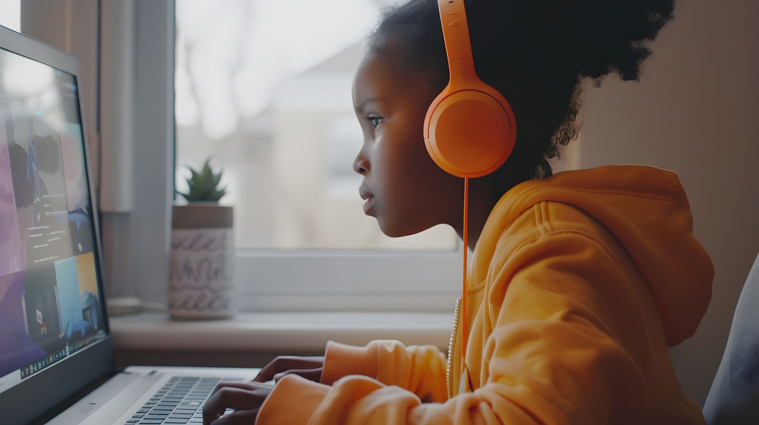 Cute black little girl with wireless headphones using laptop at home_AdobeStock_787369072_SM_Compressed