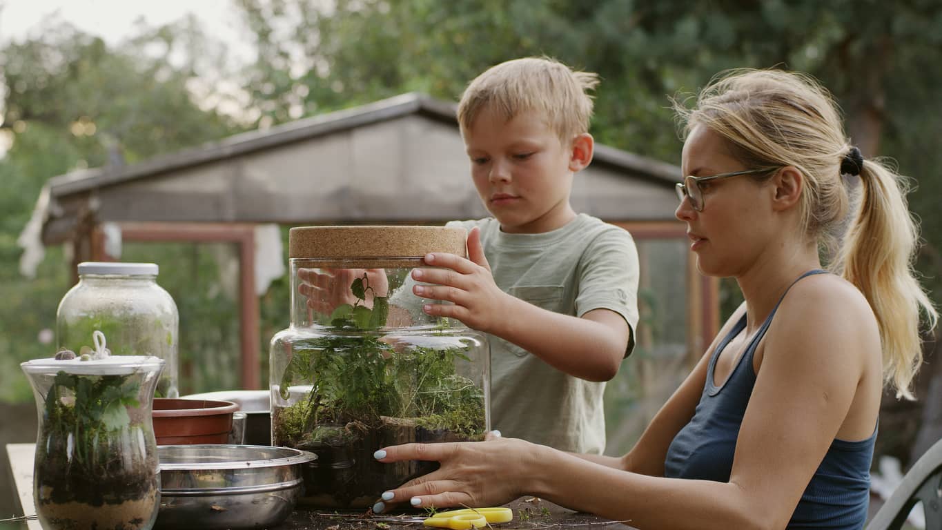 Mother and son DIY in the backyard making terrariums.