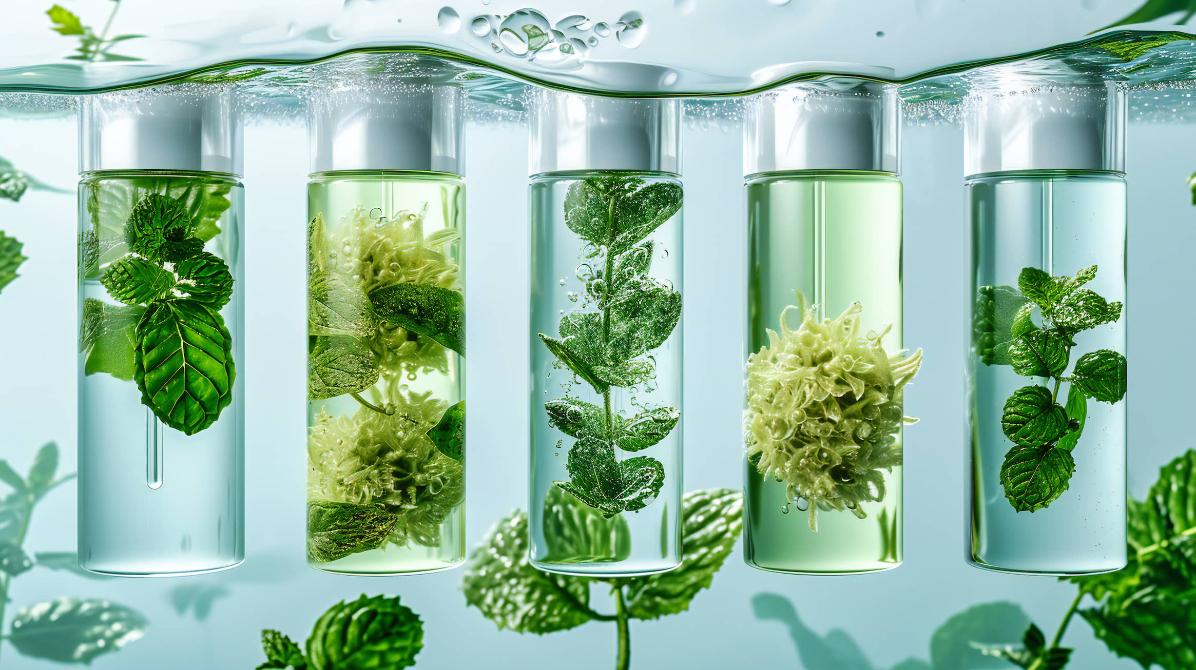 Essential oils and herbs in clear bottles floating in water.