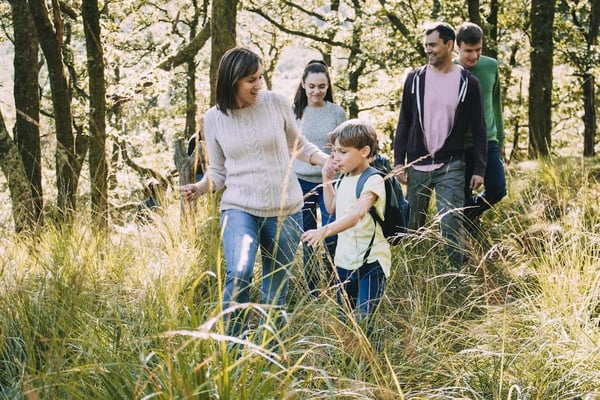 A family spending quality time together on a hike in the woods.