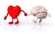 A heart and brain walking hand in hand to represent mindfulness as the brain's best friend.