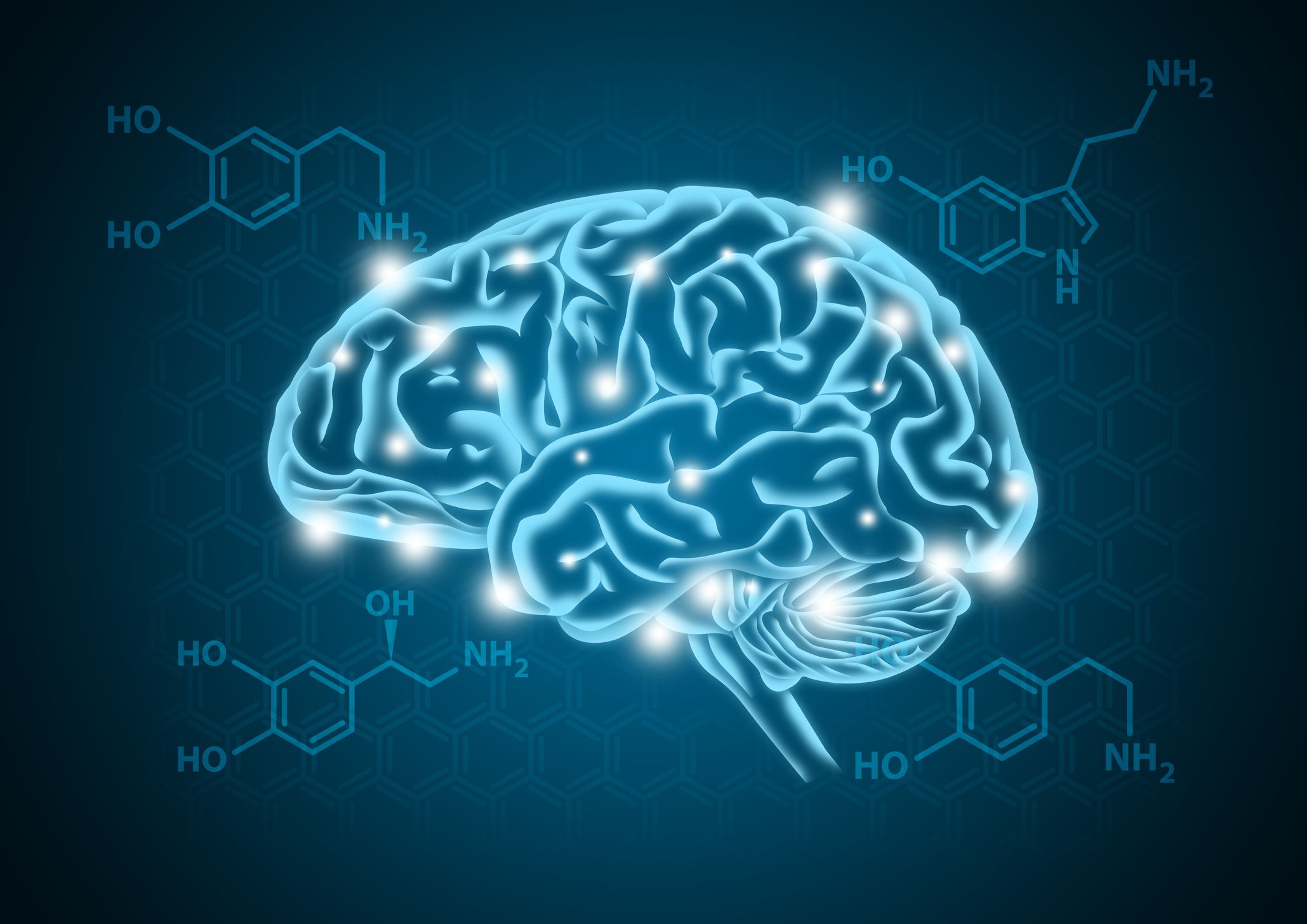 Depiction of a brain and neurotransmitter Dopamine