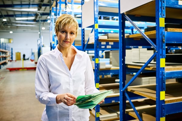 A businesswoman doing inventory in a warehouse