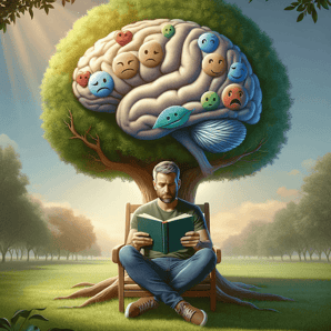 A man who is reading a book and studying under a tree.
