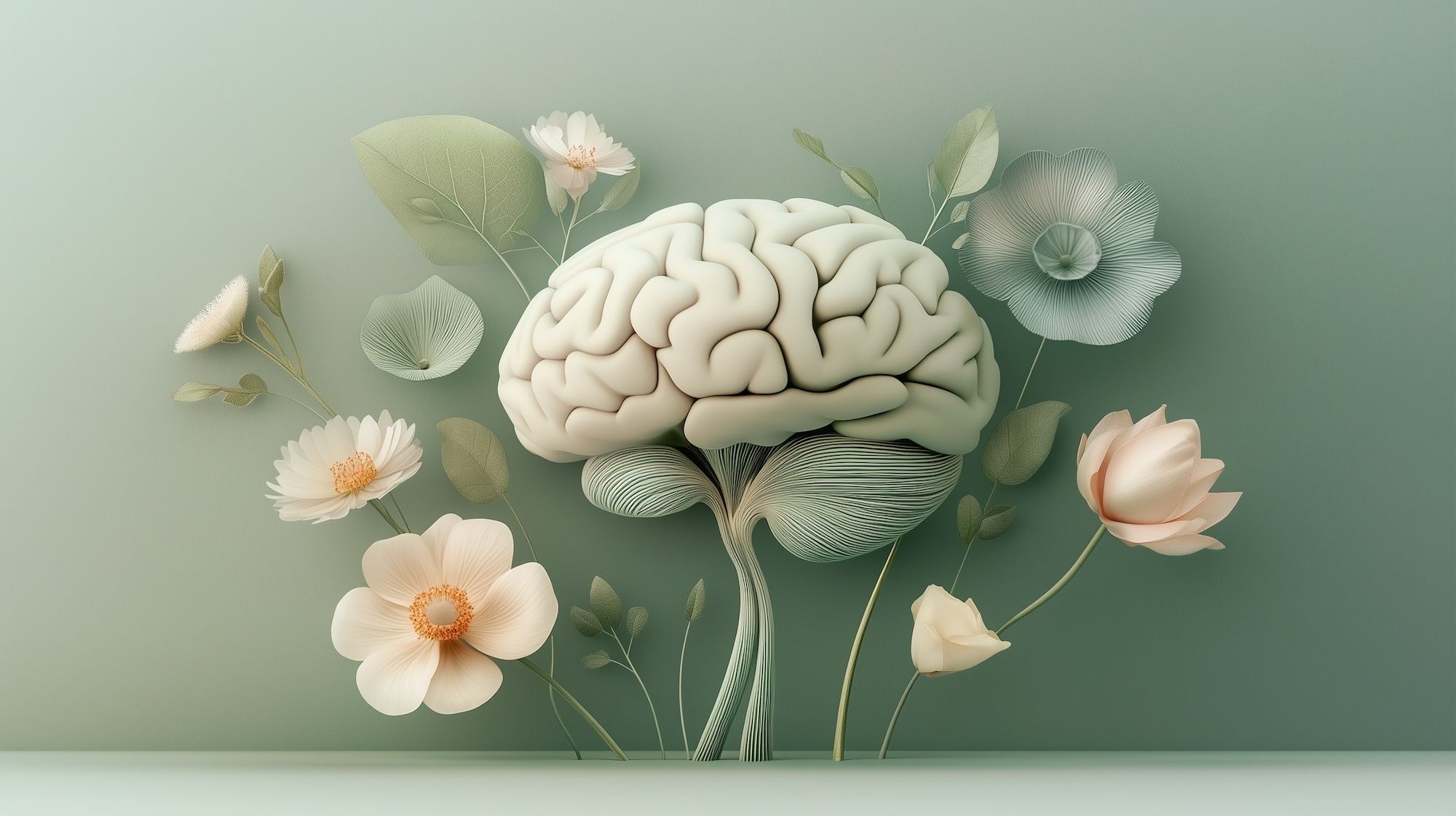 A brain surrounded by flowers depicting planting positive thoughts for mental health and personal growth.