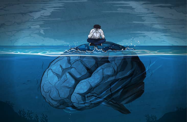 A brain under water representing the consequences of declined mental health by bottling emotions.