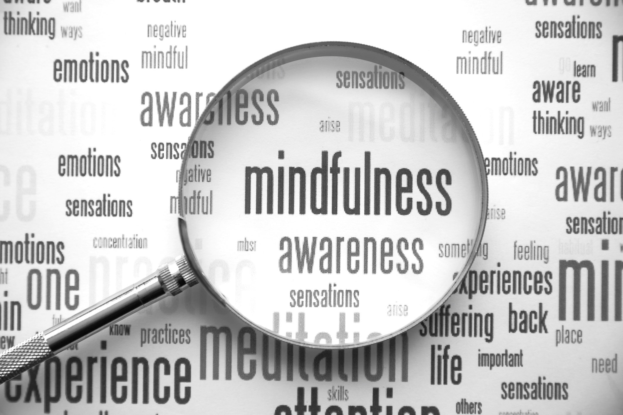 Magnifying glass accenting the word mindfulness and awareness.