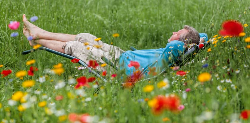 Older man lying barefooted on a lounge chair relaxing in a meadow of poppies.