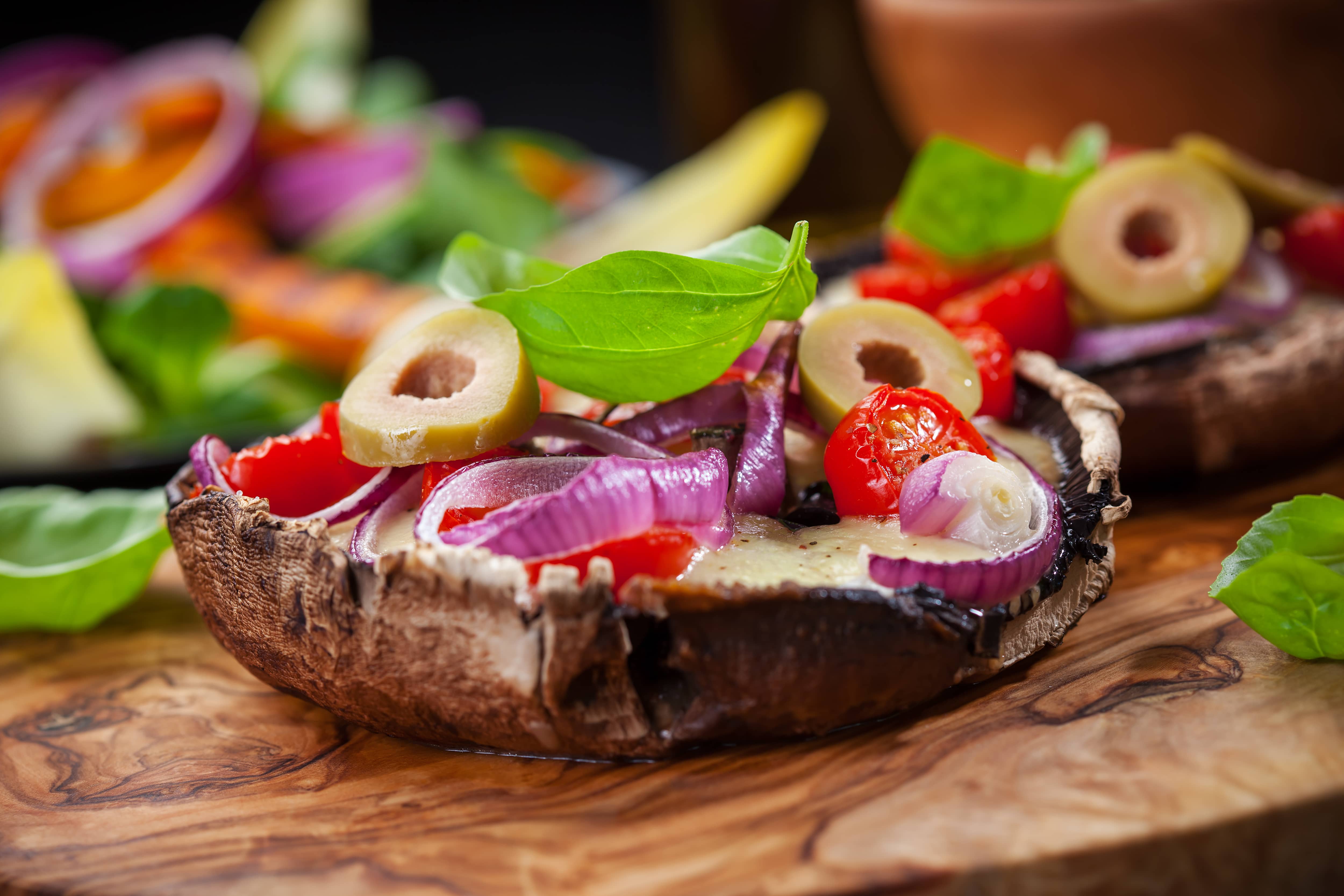 Portobello mushrooms dressed up for lunch.