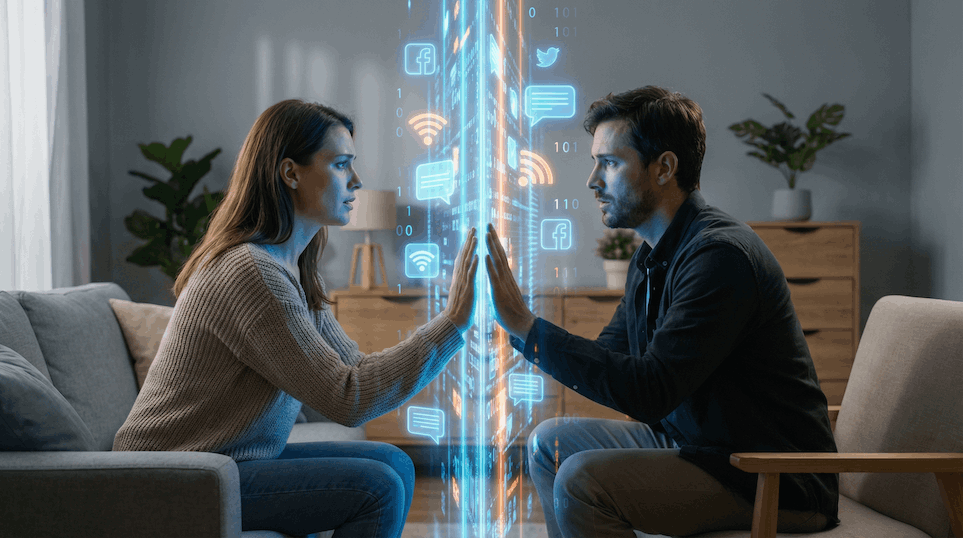 A relationship firewall representing digital convenience eroding a marriage.