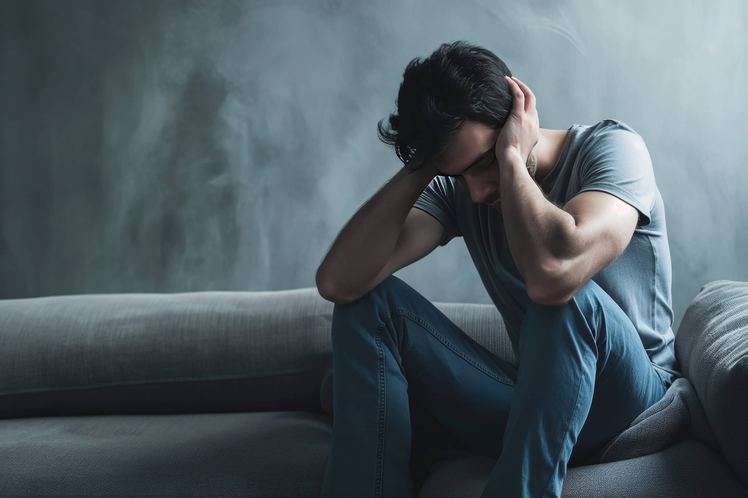 A young man suffering from insomnia, awake, and sitting alone in the living room.