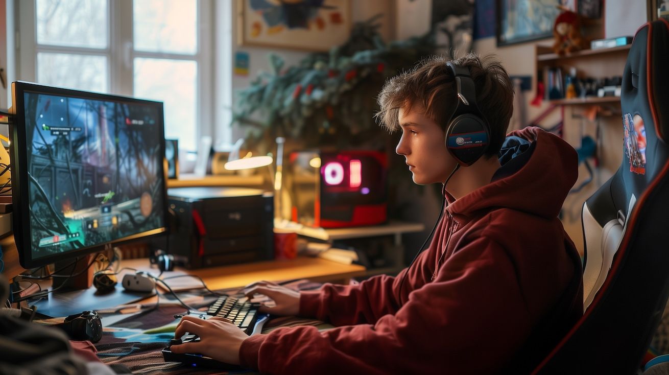 A teenager gaming with headphones in a messy bedroom.