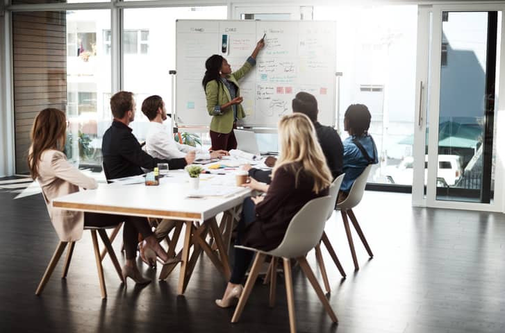 A team in a monthly management meeting being lead by a female leader pointing to statistics on a whiteboard.