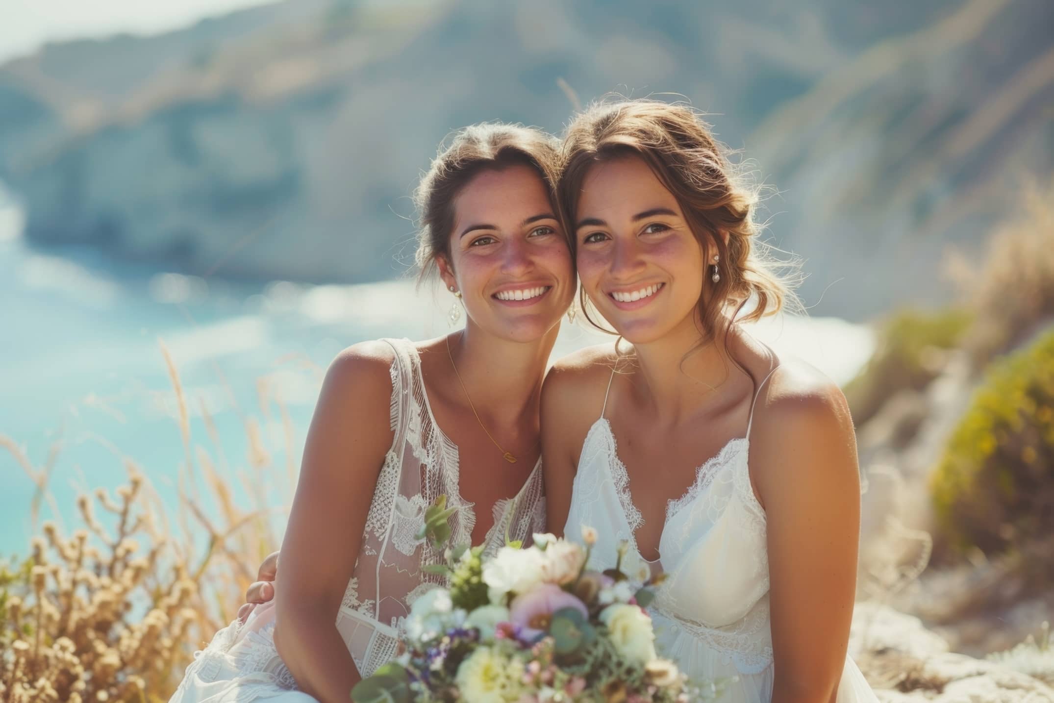Two brides eloping and celebrating their love near the sea on a beautiful sunny day.