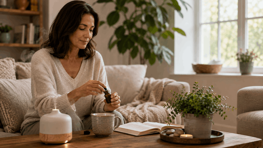Woman sitting in her living roo, added essential oils to her diffuser.