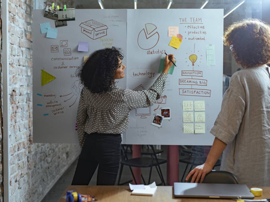 A female leader introducing a business strategy to a project manager.