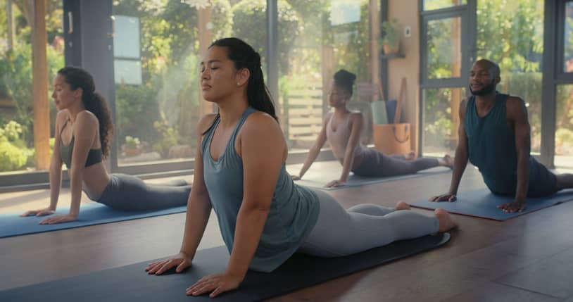 A yoga class of men and women.