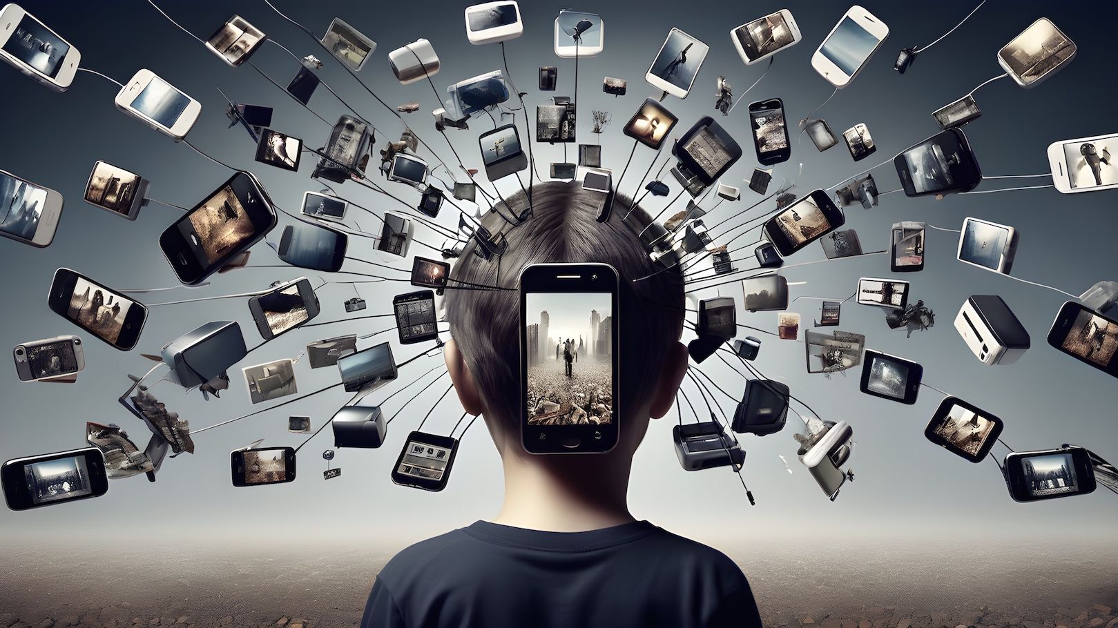 A young boy learning with AI assistant at home, using futuristic technology for online education.