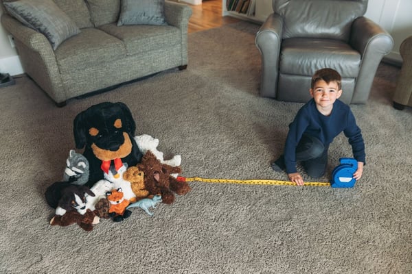 A preschooler measuring social distancing with his stuffed animals