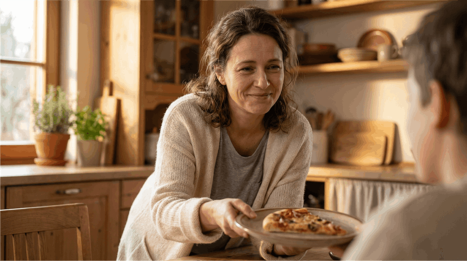 A fawning woman serving her teenage son a slice of pizza.