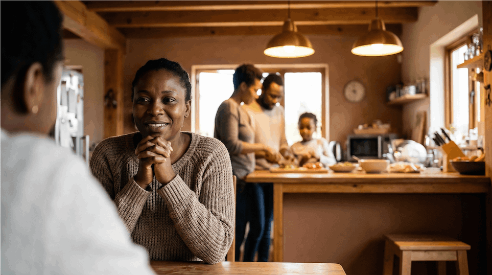 A black family preparing for dinner and conversing.